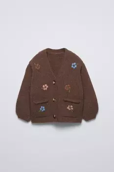 Вязаный кардиган с цветочной вышивкой ZARA, коричневый
