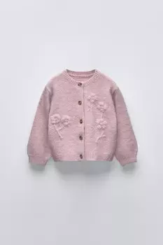 Вязаный кардиган с цветочной вышивкой ZARA, розовый/сиреневый