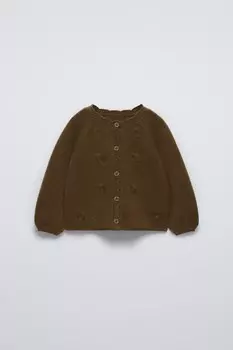 Вязаный кардиган с цветочной вышивкой ZARA, темно-зеленый