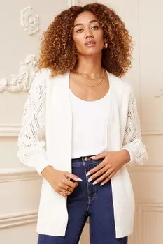 Вязаный кардиган с длинными рукавами и помпонами Love & Roses, белый