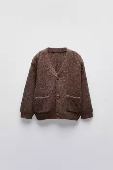 Вязаный кардиган с карманами ZARA, коричневый/серо-коричневый