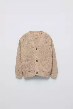 Вязаный кардиган с карманами ZARA, светло-бежевый