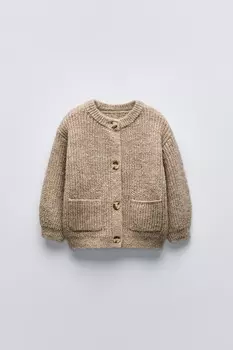 Вязаный кардиган с карманами ZARA, светло-бежевый