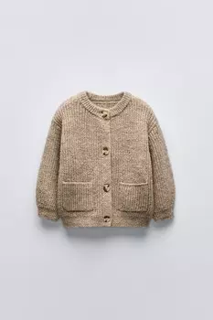Вязаный кардиган с карманами ZARA, светло-бежевый
