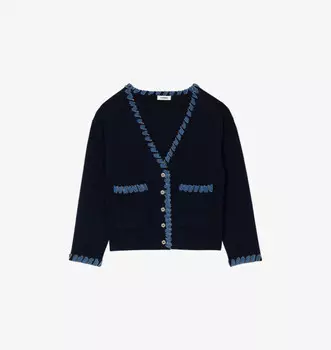 Вязаный кардиган с контрастными вставками и V-образным вырезом Sandro, синий