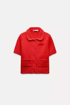 Вязаный кардиган с коротким рукавом ZARA, красный
