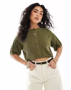 Вязаный кардиган с короткими рукавами ASOS DESIGN цвета хаки