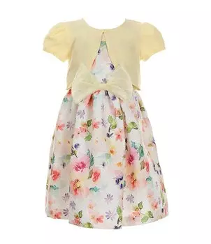 Вязаный кардиган с короткими рукавами и расклешенное жаккардовое платье Bonnie Jean для маленьких девочек 2T-6X, желтый