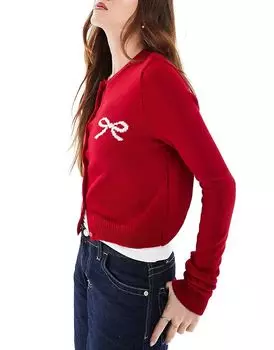 Вязаный кардиган с круглым вырезом и бантом-логотипом красного цвета ASOS DESIGN