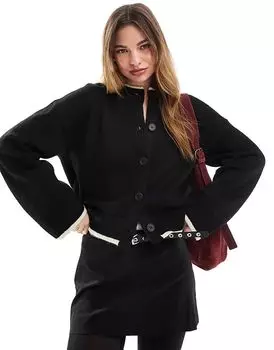 Вязаный кардиган с круглым вырезом и отделкой в черном цвете ASOS DESIGN