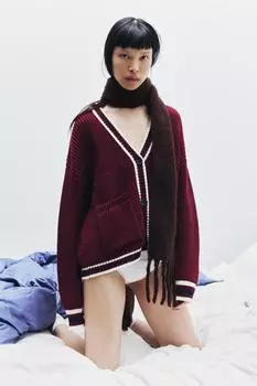 Вязаный кардиган с отделкой ZARA, бордовый