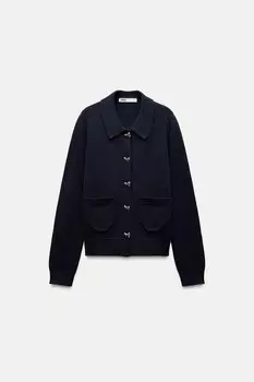 Вязаный кардиган с пуговицами и бантами ZARA, темно-синий