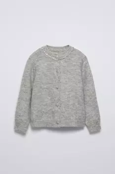 Вязаный кардиган с пуговицами из страз ZARA, жемчужно-серый