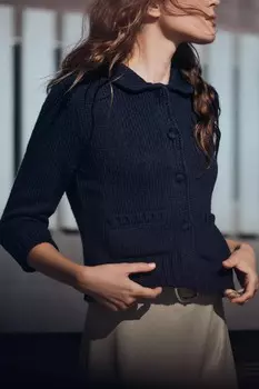 Вязаный кардиган с рукавом длины 3/4 ZARA, темно-синий