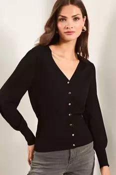 Вязаный кардиган с V образным вырезом и талией на пуговицах Lipsy, черный