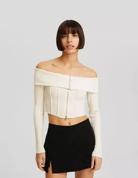 Вязаный кардиган с вырезом «бардо» и застежкой-молнией Bershka, экрю