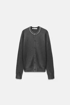 Вязаный кардиган с вышивкой бисерами ZARA, серый мергель