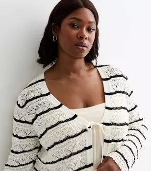 Вязаный кардиган с завязками спереди и белой полоской Curves Off New Look, белый