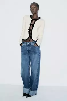 Вязаный кардиган с завязкой ZARA, экрю/черный