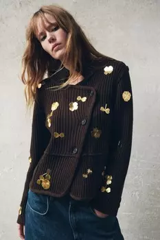 Вязаный кардиган с золотыми цветами ZARA, коричневый