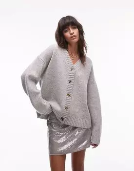 Вязаный кардиган свободного кроя из 100% овечьей шерсти премиум-класса светло-серого цвета с v-образным вырезом Topshop