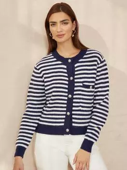 Вязаный кардиган свободного покроя в полоску Yumi, темно-синий