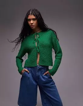 Вязаный кардиган Topshop с завязками-ажурами зеленого цвета