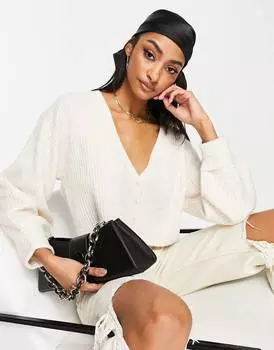 Вязаный кардиган Topshop в рубчик с пышными рукавами цвета овсяно-мелгового цвета - STONE