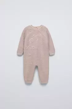 Вязаный комбинезон с вышитыми цветами ZARA, бежевый/розовый
