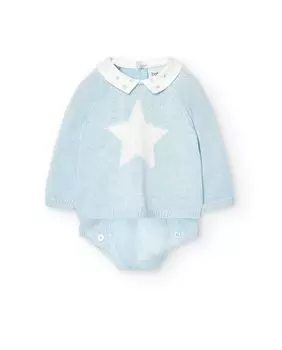 Вязаный комплект для мальчика из тонкого свитера с длинными рукавами и трусиков Boboli, светло-синий