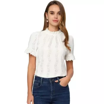 Вязаный крючком топ с люверсами для женщин, Повседневная блузка с пышными рукавами и рюшами, Повседневная блузка с вышивкой ALLEGRA K, белый