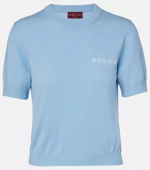 Вязаный логотиповый топ из кашемира Gucci, Sunset Sky/White