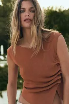 Вязаный присборенный топ с открытыми плечами ZARA, цвет Terracotta
