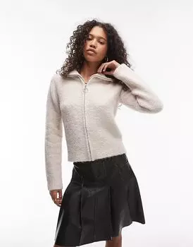 Вязаный пушистый кардиган из букле с застежкой-молнией цвета овса Topshop