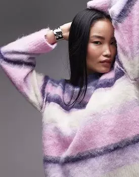 Вязаный пушистый полосатый свободный джемпер в фиолетовую полоску Topshop