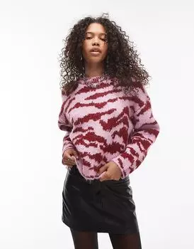 Вязаный пушистый свободный джемпер Ultimate в розово-красном цвете с принтом зебры Topshop
