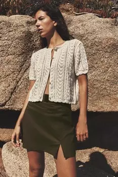 Вязаный романтический топ с кружевом и искусственным жемчугом ZARA, экрю
