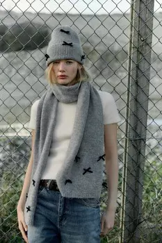 Вязаный шарф с бантом из бархата ZARA, серый