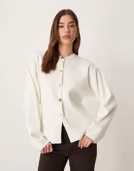 Вязаный структурированный кардиган ASOS DESIGN с круглым вырезом и золотыми пуговицами кремового цвета