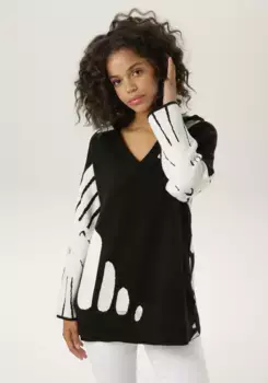 Вязаный свитер Aniston CASUAL, с капюшоном и V-образным вырезом, черный