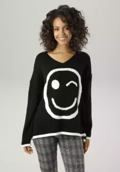 Вязаный свитер Aniston CASUAL, с вязаным смайликом - НОВАЯ КОЛЛЕКЦИЯ, черный