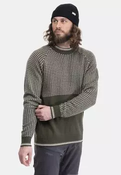 Вязаный свитер Bergans of Norway, темно-оливковый, ванильно-белый