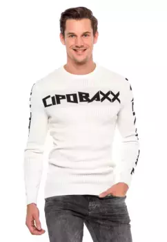 Вязаный свитер Cipo & Baxx с крутым принтом, белый