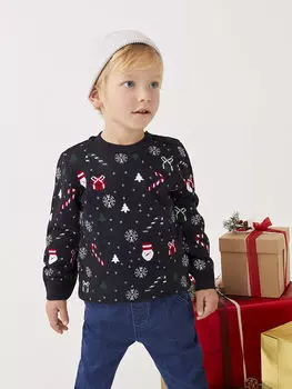 Вязаный свитер для мальчика с круглым вырезом и длинными рукавами в рождественской тематике LCW Casual