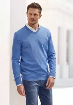 Вязаный свитер H.I.S с V-образным вырезом, свитер тонкой вязки из смесового хлопка, синий