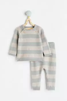 Вязаный свитер и брюки H&M, бежевые/серые полосы