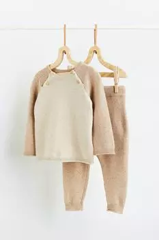 Вязаный свитер и брюки H&M, бежевый/цветные блоки