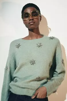 Вязаный свитер из альпаки с драгоценными декорациями ZARA, цвет морской волны