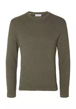 Вязаный свитер, круглый вырез, ребристые манжеты, мужской SELECTED, цвет Forest