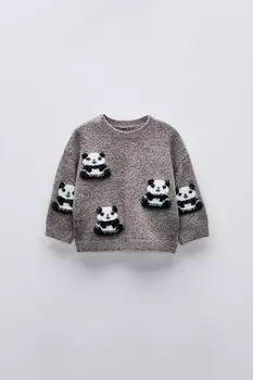 Вязаный свитер панда ZARA, коричневый мергель